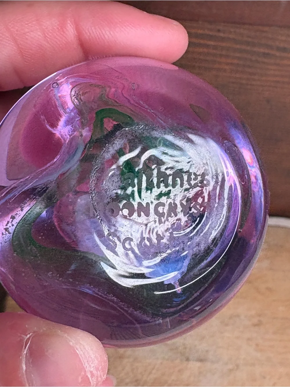 Caithness Scotland Moon Crystal Handblown Paperweight With Purple & Green Swirls